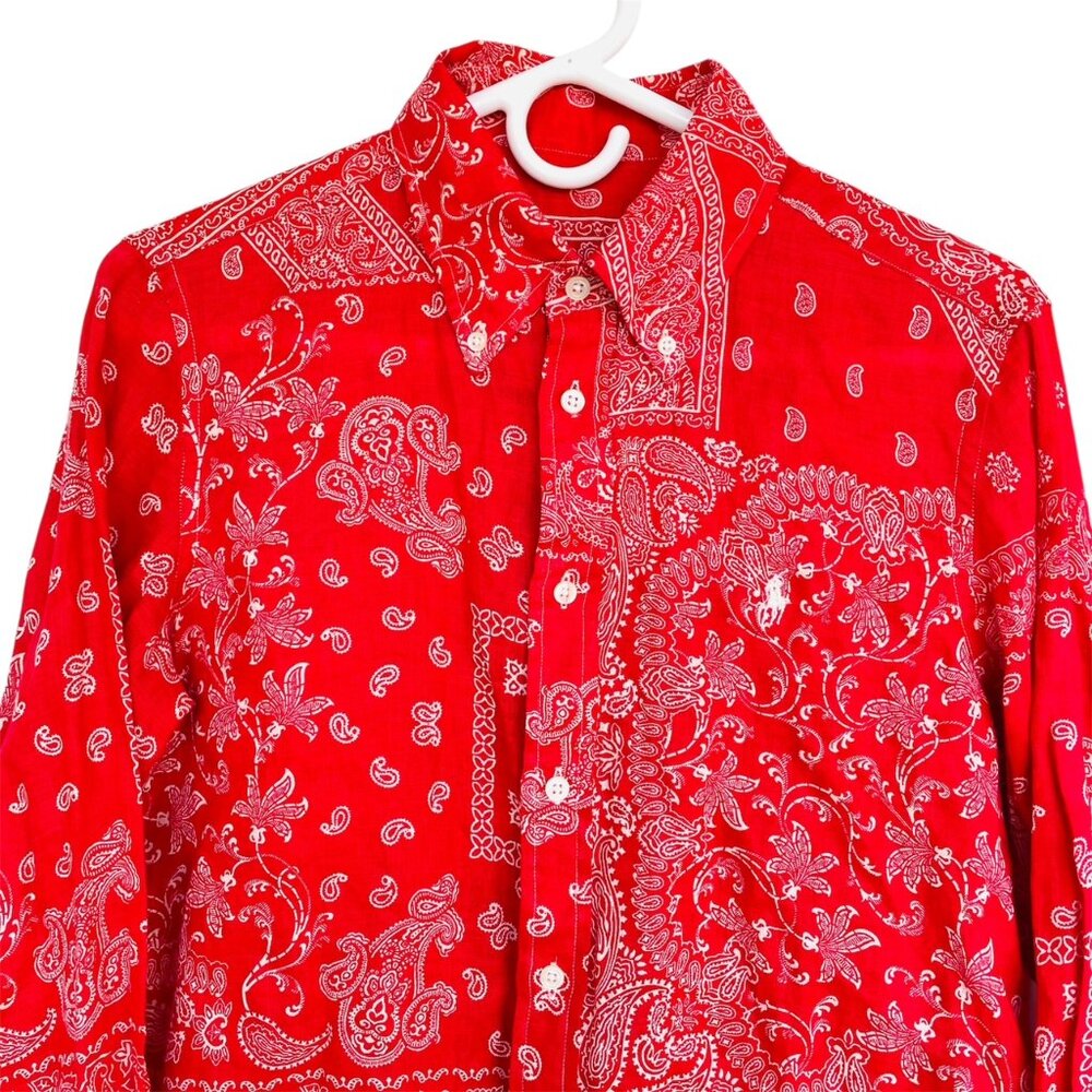 Polo Ralph Lauren Western Shirt Sz L Red Batik Bandanna Paisley  LS Linen Blend - Picture 2 of 4